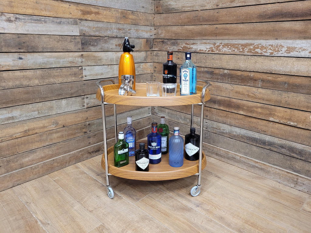 Teak Style Drinks Trolley Bar Cart Chrome Two Tier Serving Cart Vintage MCM