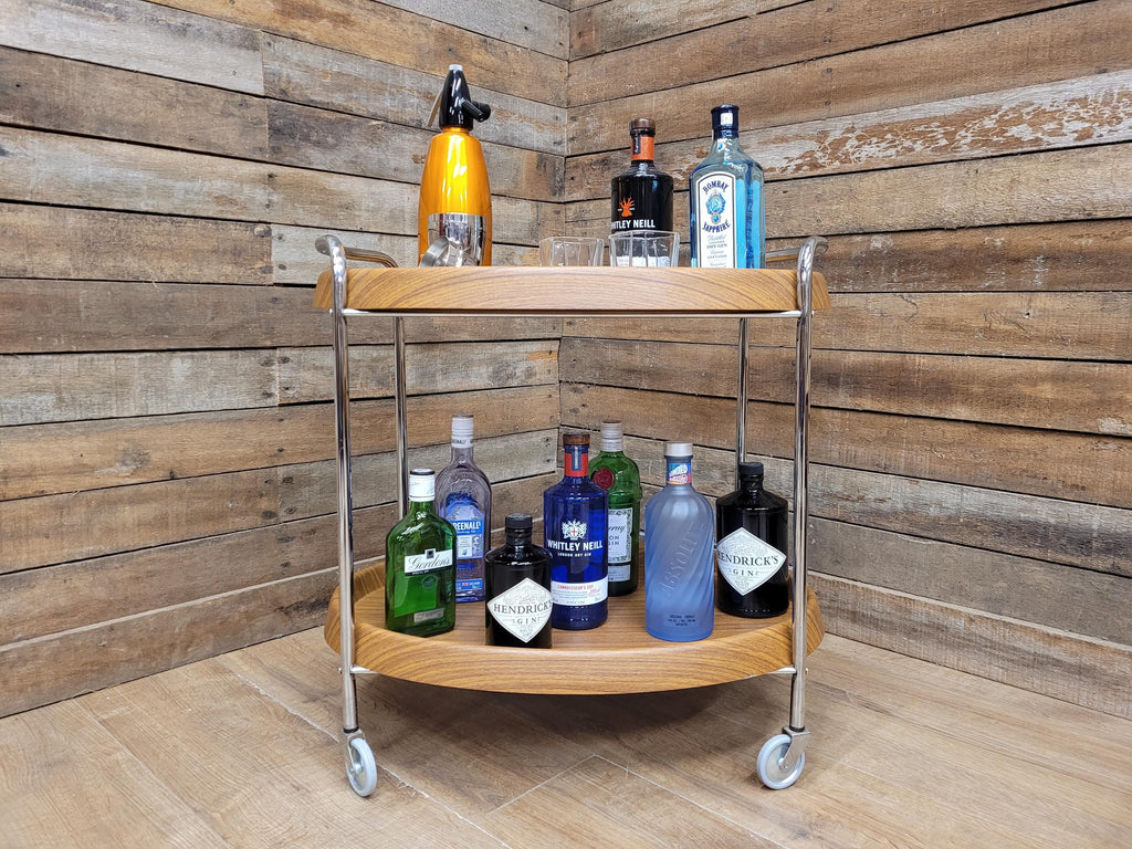 Teak Style Drinks Trolley Bar Cart Chrome Two Tier Serving Cart Vintage MCM