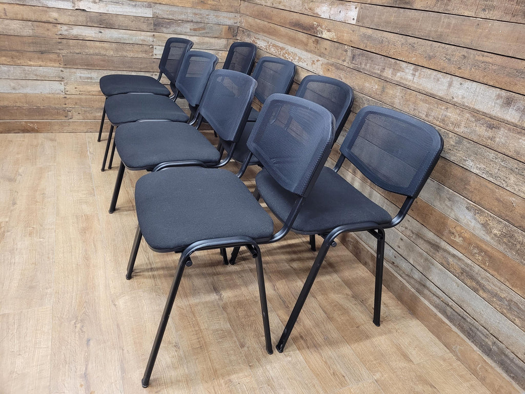 Eight Black Stacking Chairs Mesh Back Office Conference Reception