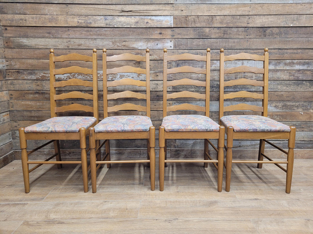 Four Ladder Back Dining Chairs Rustic Farmhouse Style Upholstered Seats Vintage