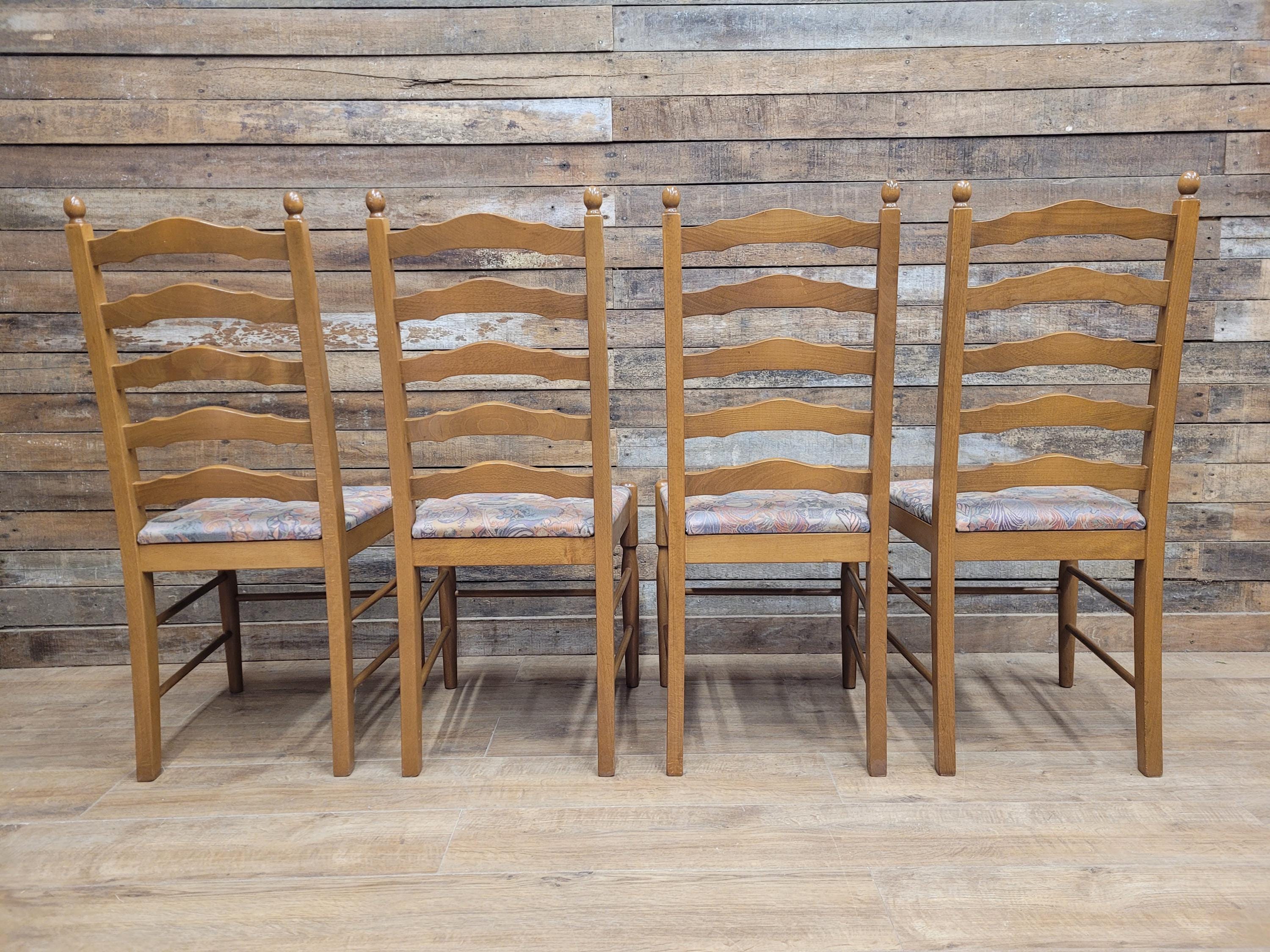 Four Ladder Back Dining Chairs Rustic Farmhouse Style Upholstered Seats Vintage