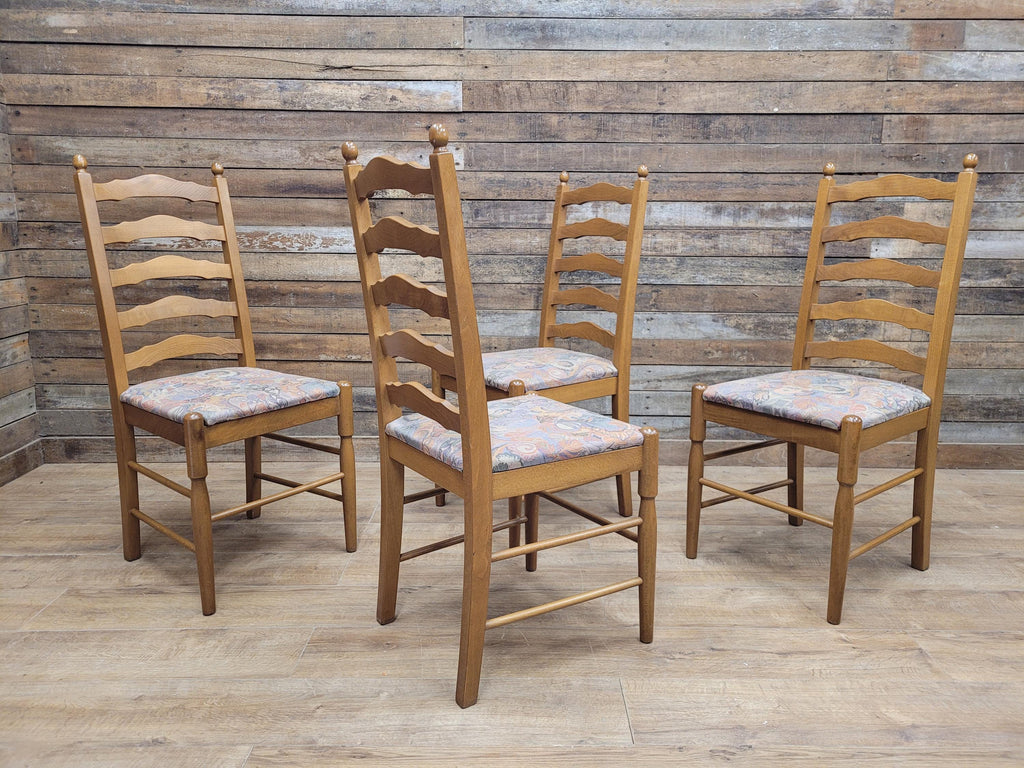 Four Ladder Back Dining Chairs Rustic Farmhouse Style Upholstered Seats Vintage