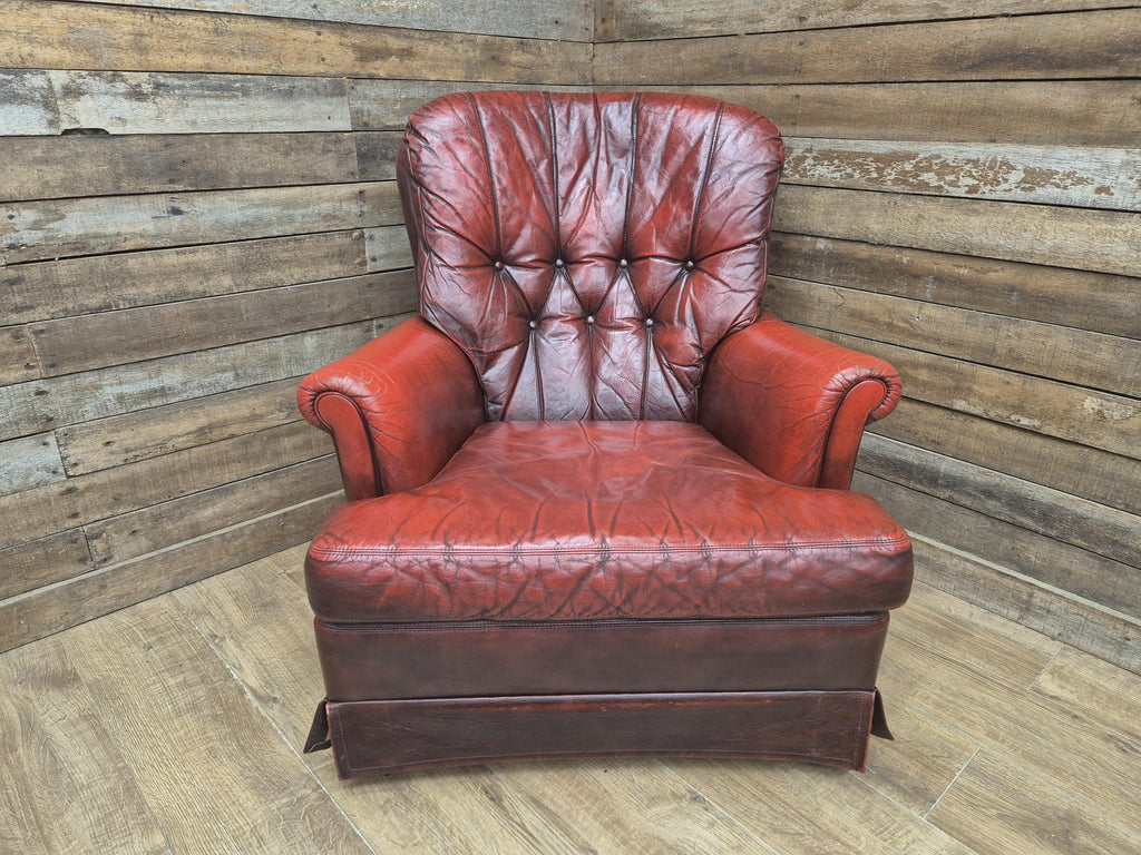 Ox Blood Leather Armchair Red Chesterfield Back Club Chair Scroll Arms
