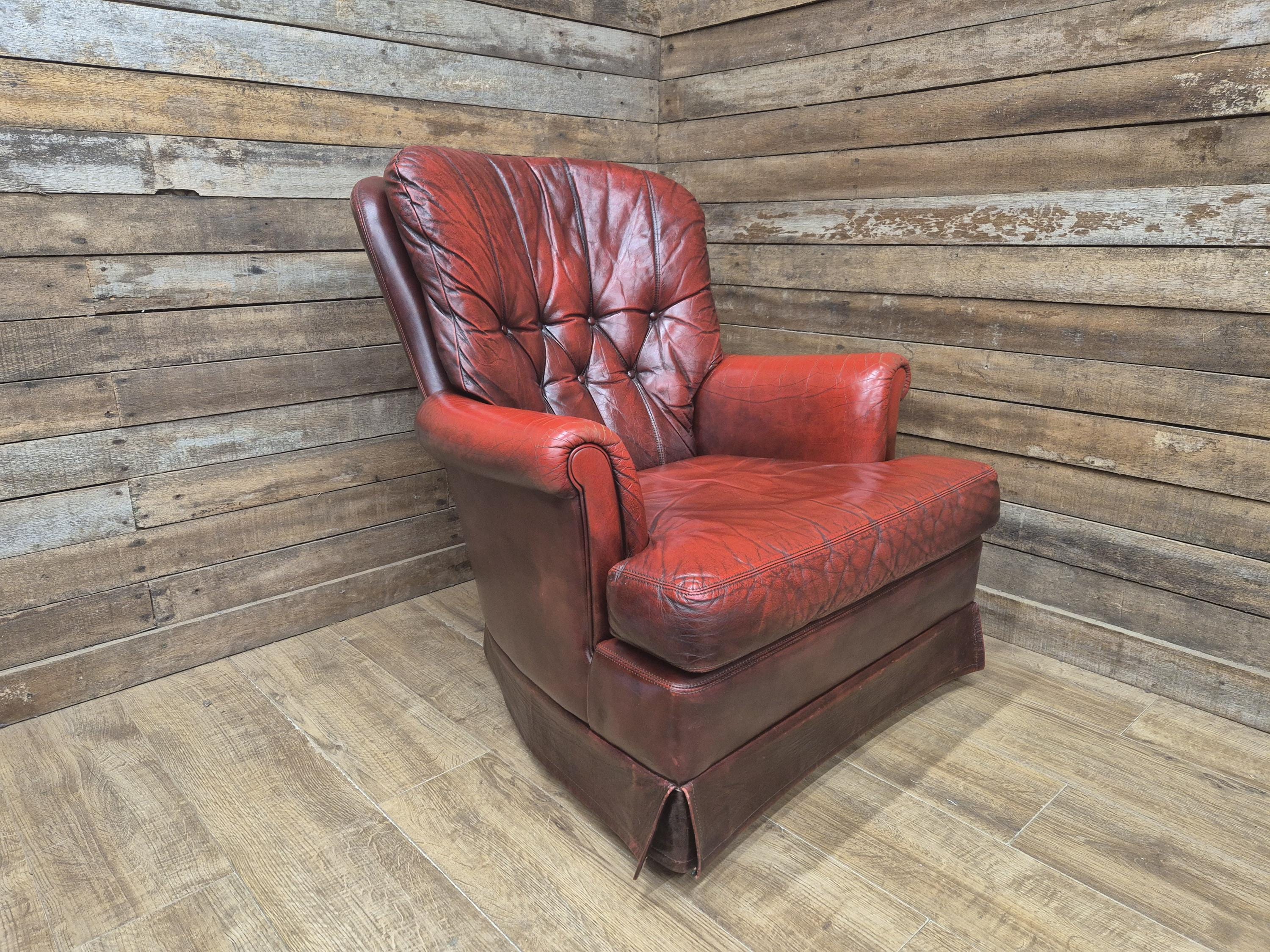 Ox Blood Leather Armchair Red Chesterfield Back Club Chair Scroll Arms