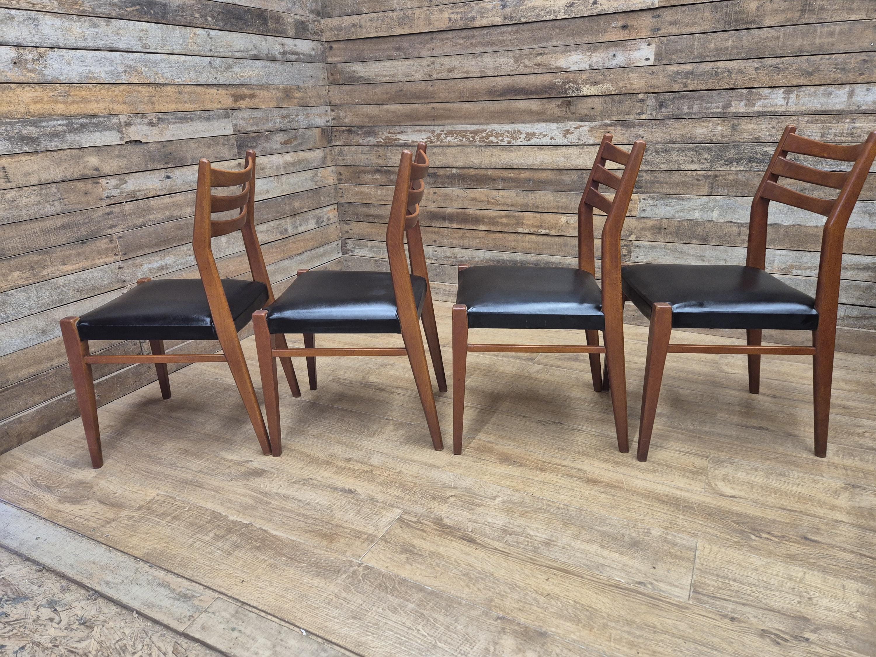 Teak Dining Chairs Set Mid Century Ladder Back Black Seat Four Retro Chairs