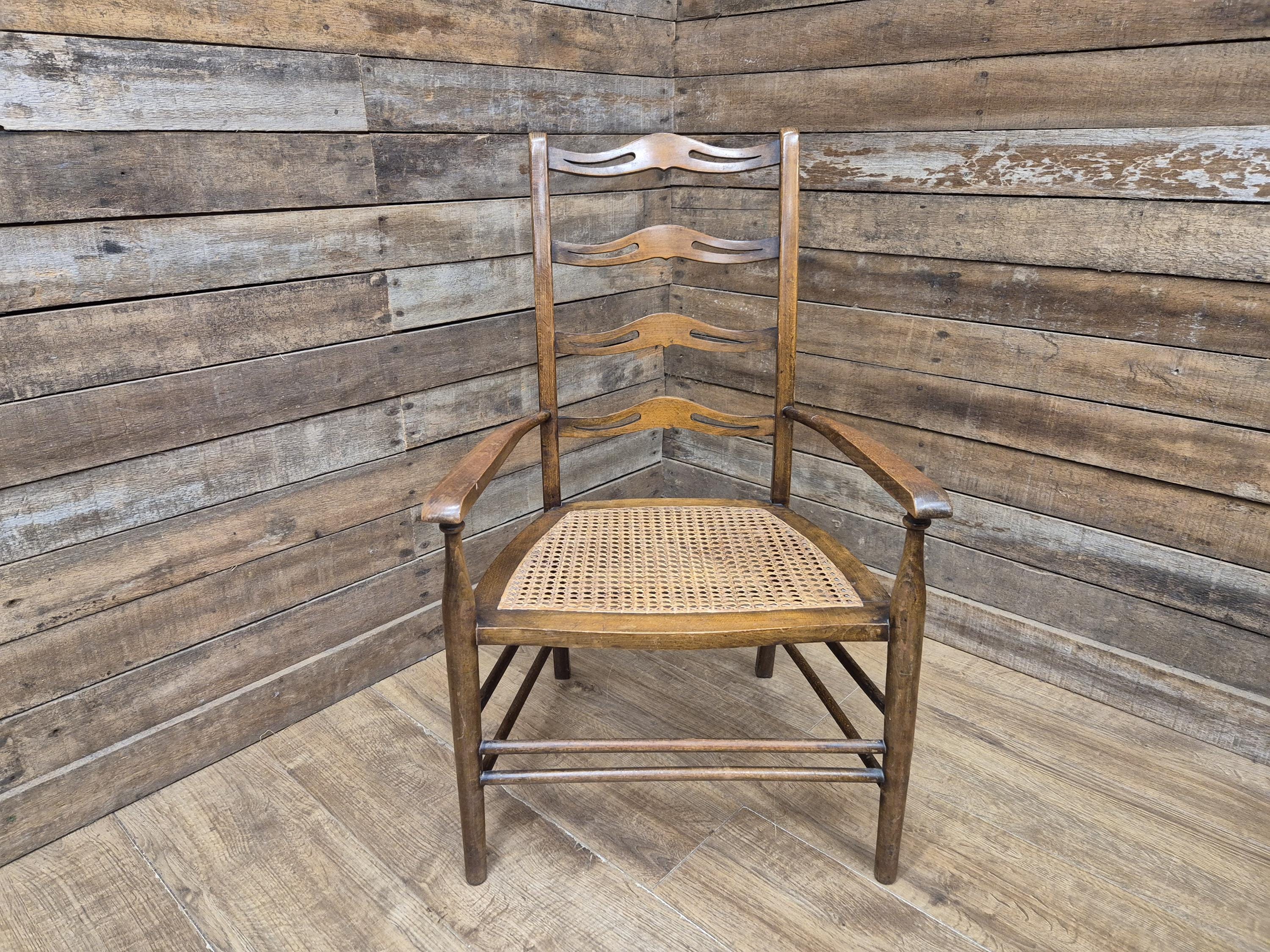 Oak Ladderback Armchair Arts Crafts Style Bergere Seat Carver Hall Bedroom Chair