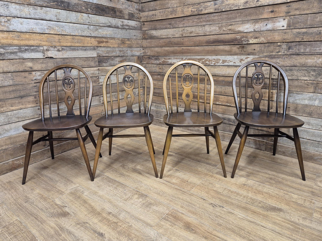 Ercol Dining Chairs Elm Beech Vintage Fleur De Lys Set of 4 Mid Century
