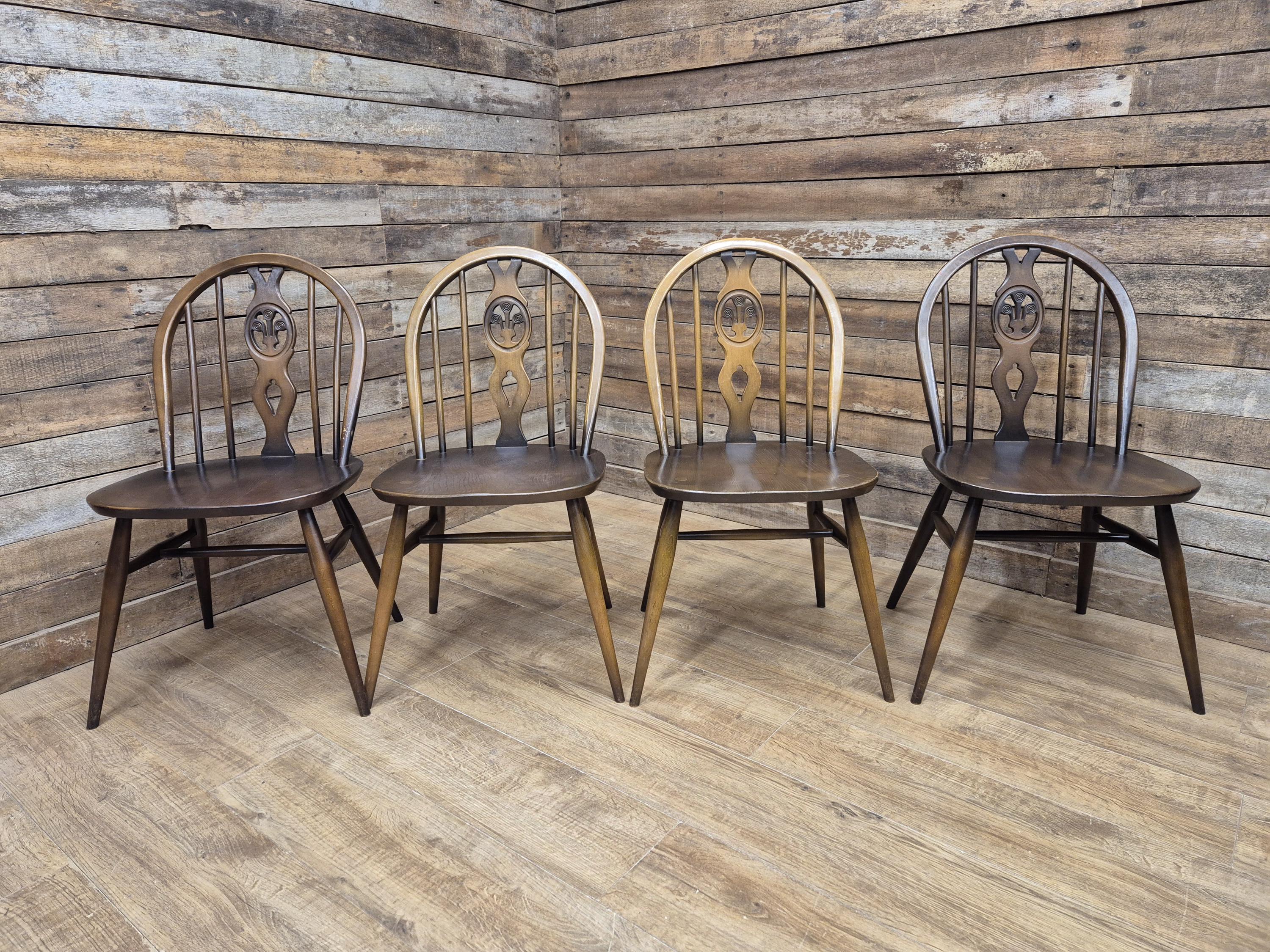 Ercol Dining Chairs Elm Beech Vintage Fleur De Lys Set of 4 Mid Century