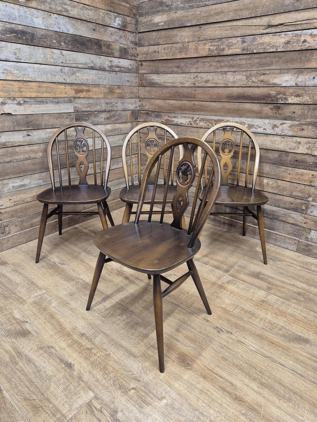 Ercol Dining Chairs Elm Beech Vintage Fleur De Lys Set of 4 Mid Century