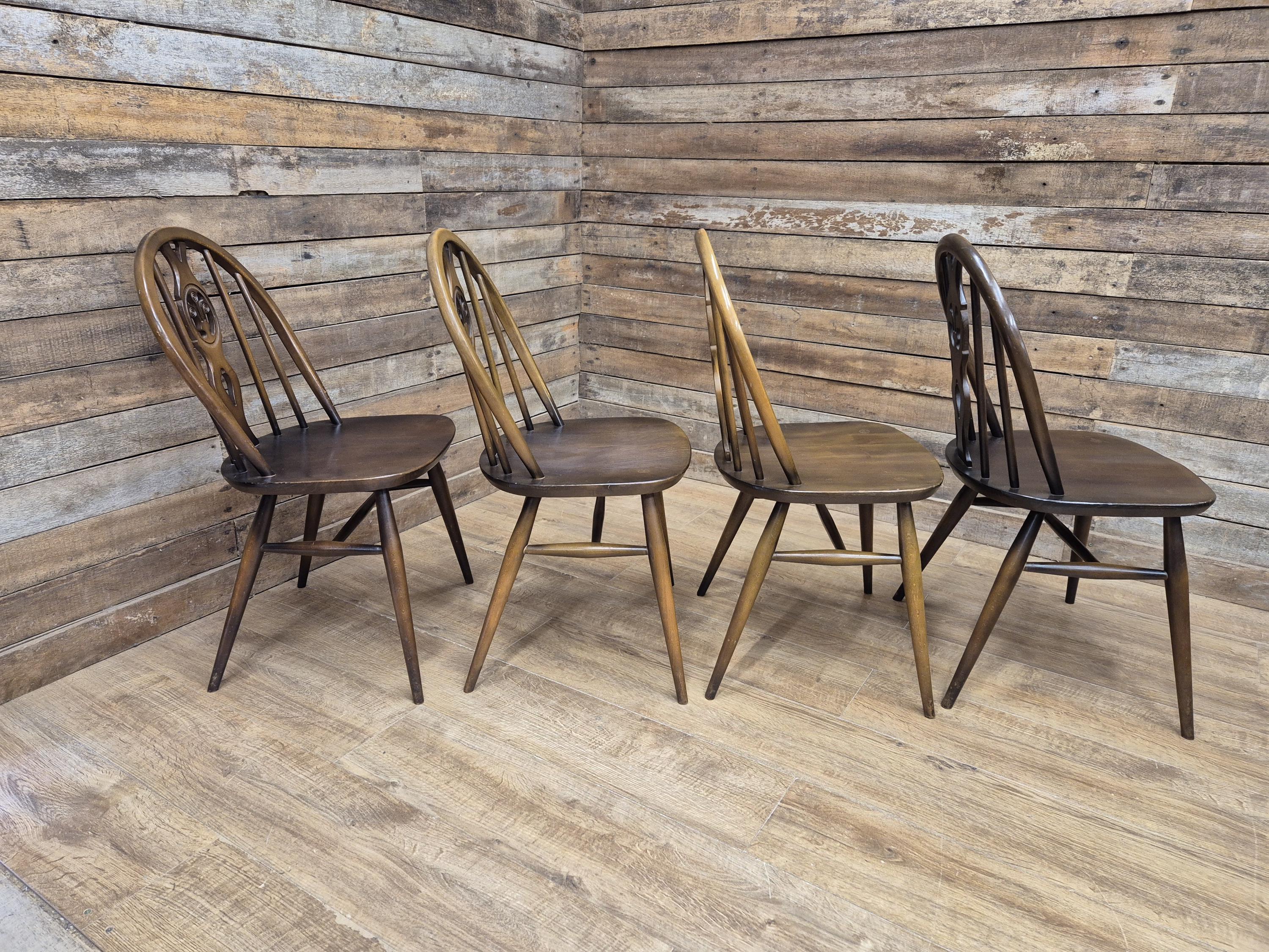 Ercol Dining Chairs Elm Beech Vintage Fleur De Lys Set of 4 Mid Century