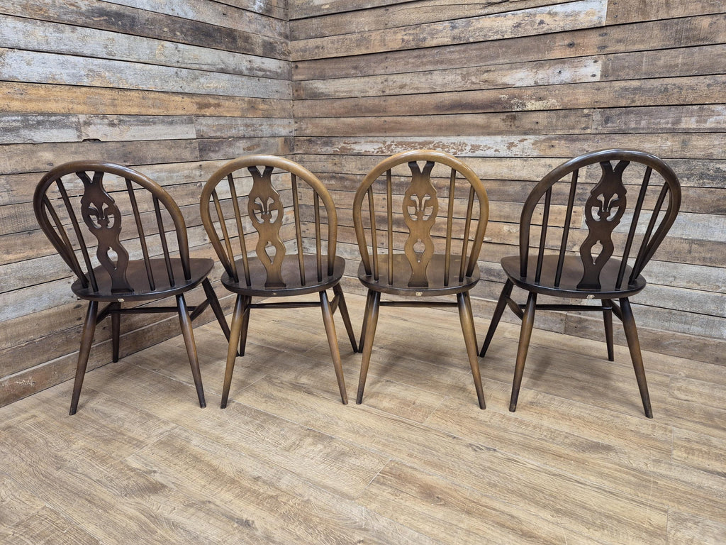 Ercol Dining Chairs Elm Beech Vintage Fleur De Lys Set of 4 Mid Century