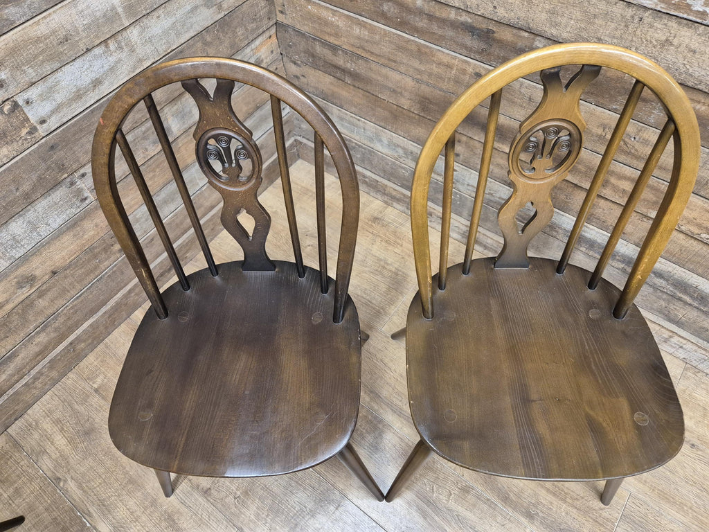 Ercol Dining Chairs Elm Beech Vintage Fleur De Lys Set of 4 Mid Century