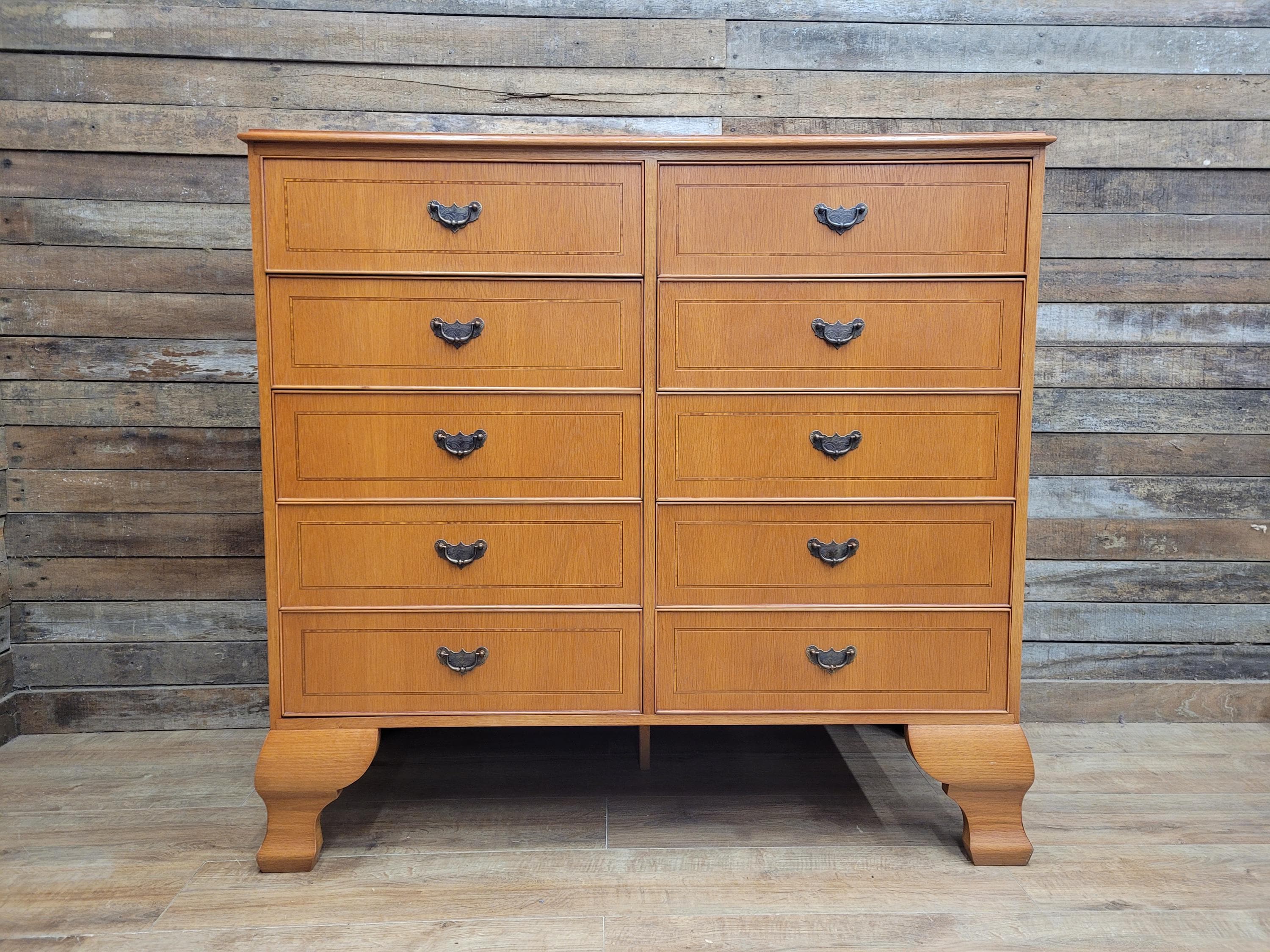 Vintage Large Ten Drawer Chest Cabriole Legs Inlaid Top Chest Of Drawers
