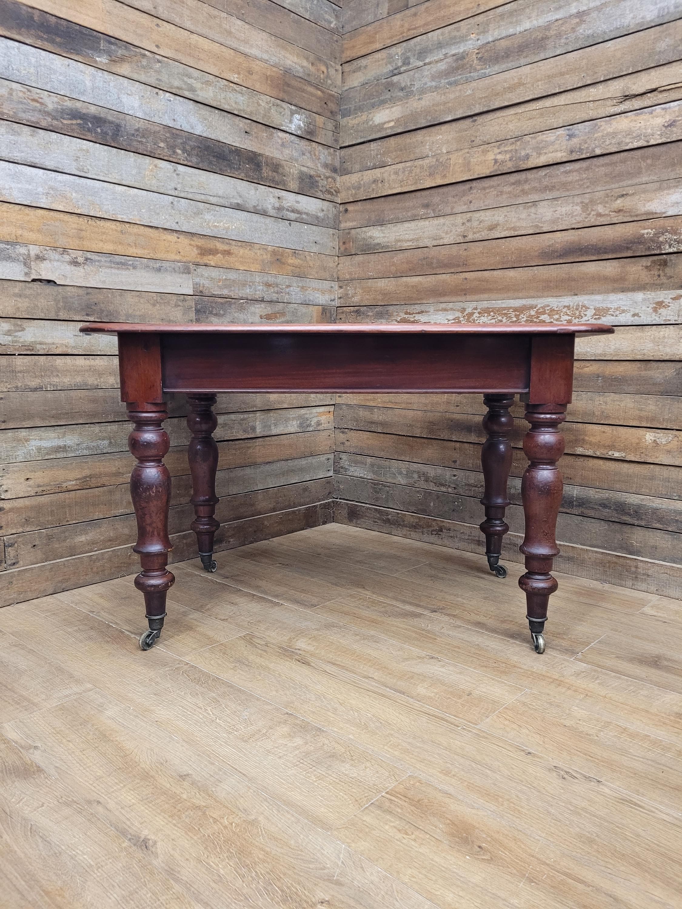 Mahogany Dining Table Victorian Solid Top Turned Legs Castors Antique Table