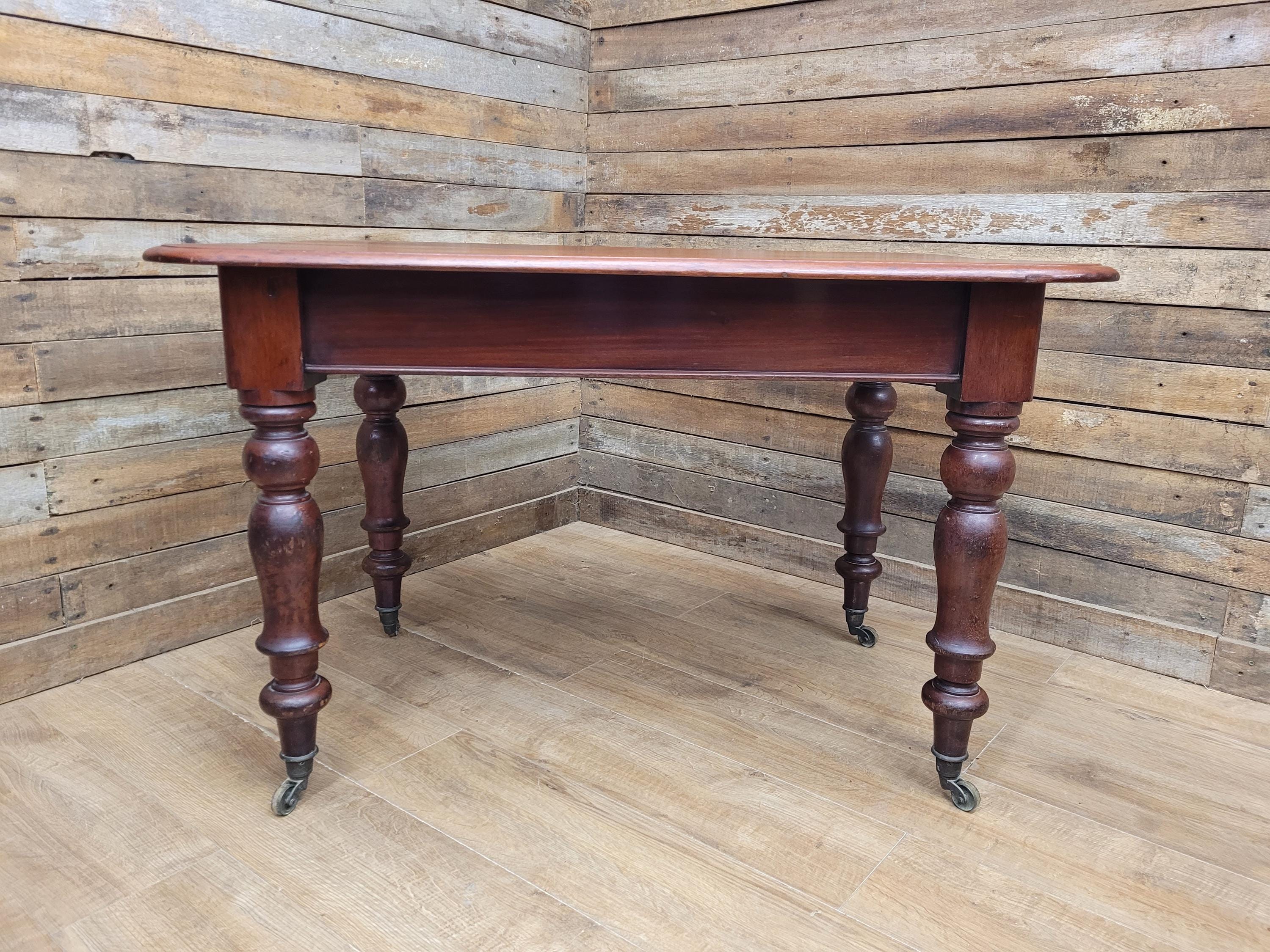 Mahogany Dining Table Victorian Solid Top Turned Legs Castors Antique Table