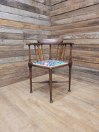 Edwardian Corner Chair Mahogany Inlaid Upholstered Morris Bird Fabric Antique