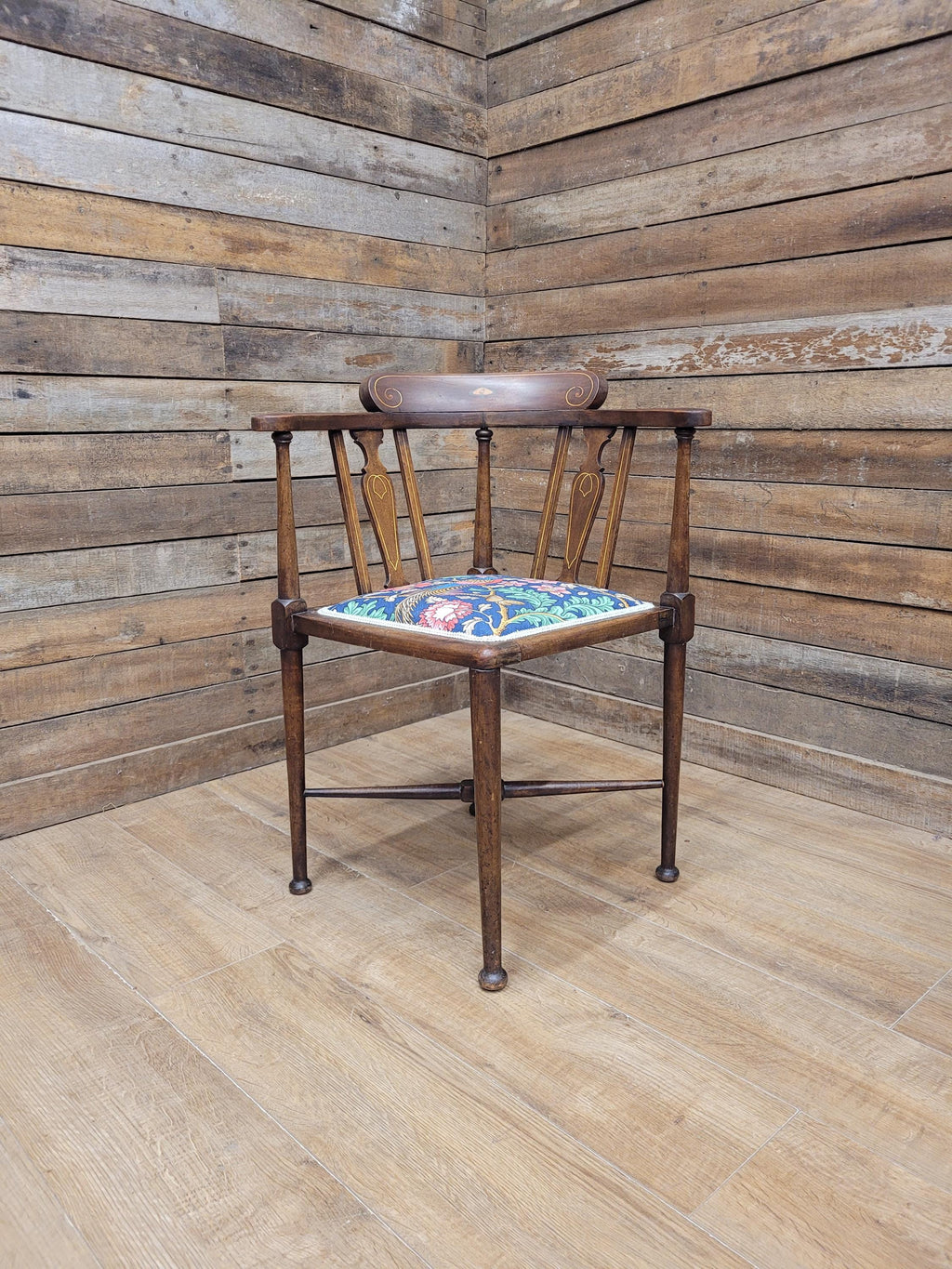 Edwardian Corner Chair Mahogany Inlaid Upholstered Morris Bird Fabric Antique
