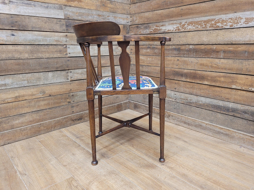Edwardian Corner Chair Mahogany Inlaid Upholstered Morris Bird Fabric Antique
