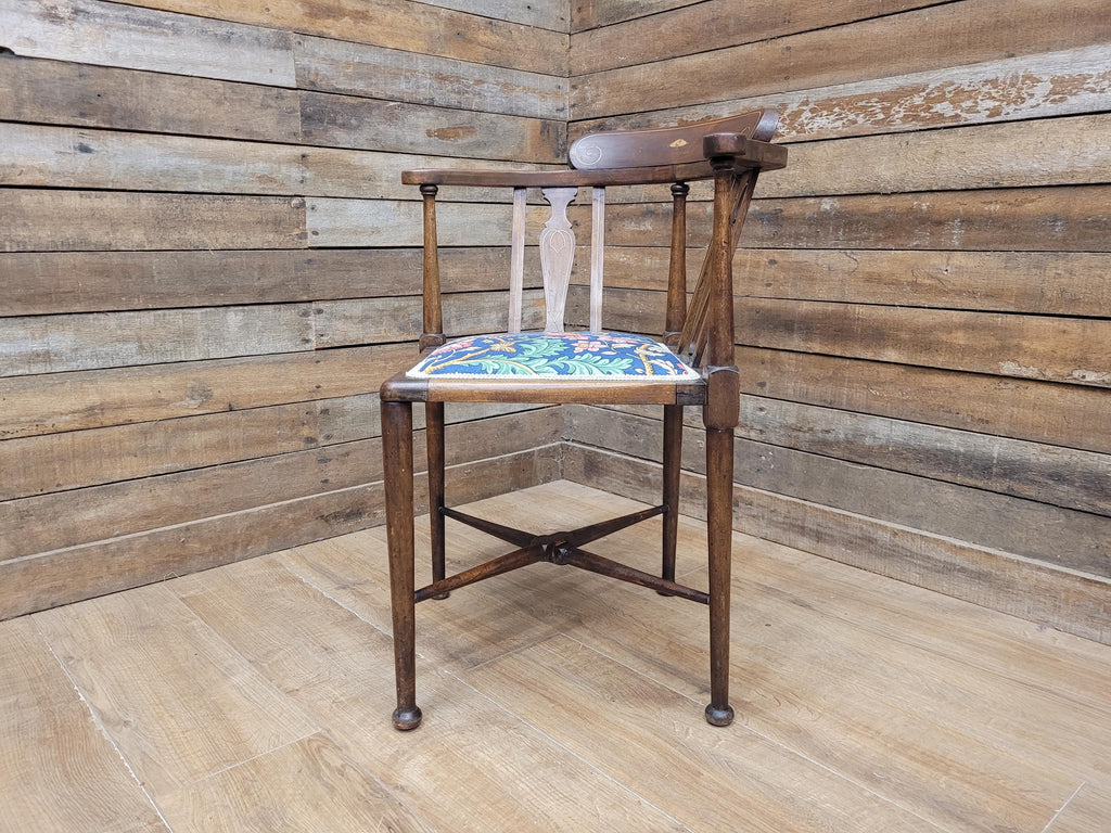 Edwardian Corner Chair Mahogany Inlaid Upholstered Morris Bird Fabric Antique