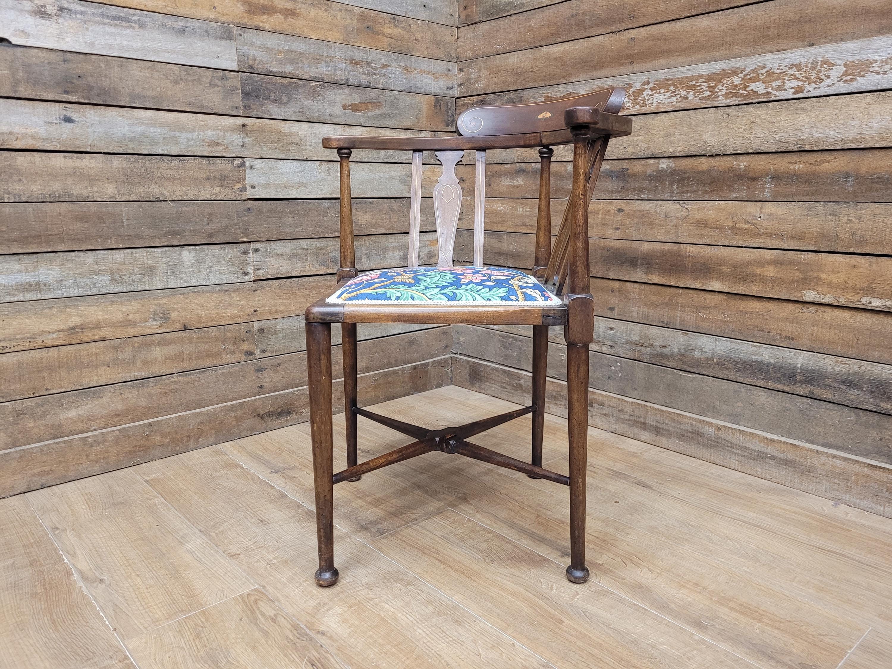Edwardian Corner Chair Mahogany Inlaid Upholstered Morris Bird Fabric Antique
