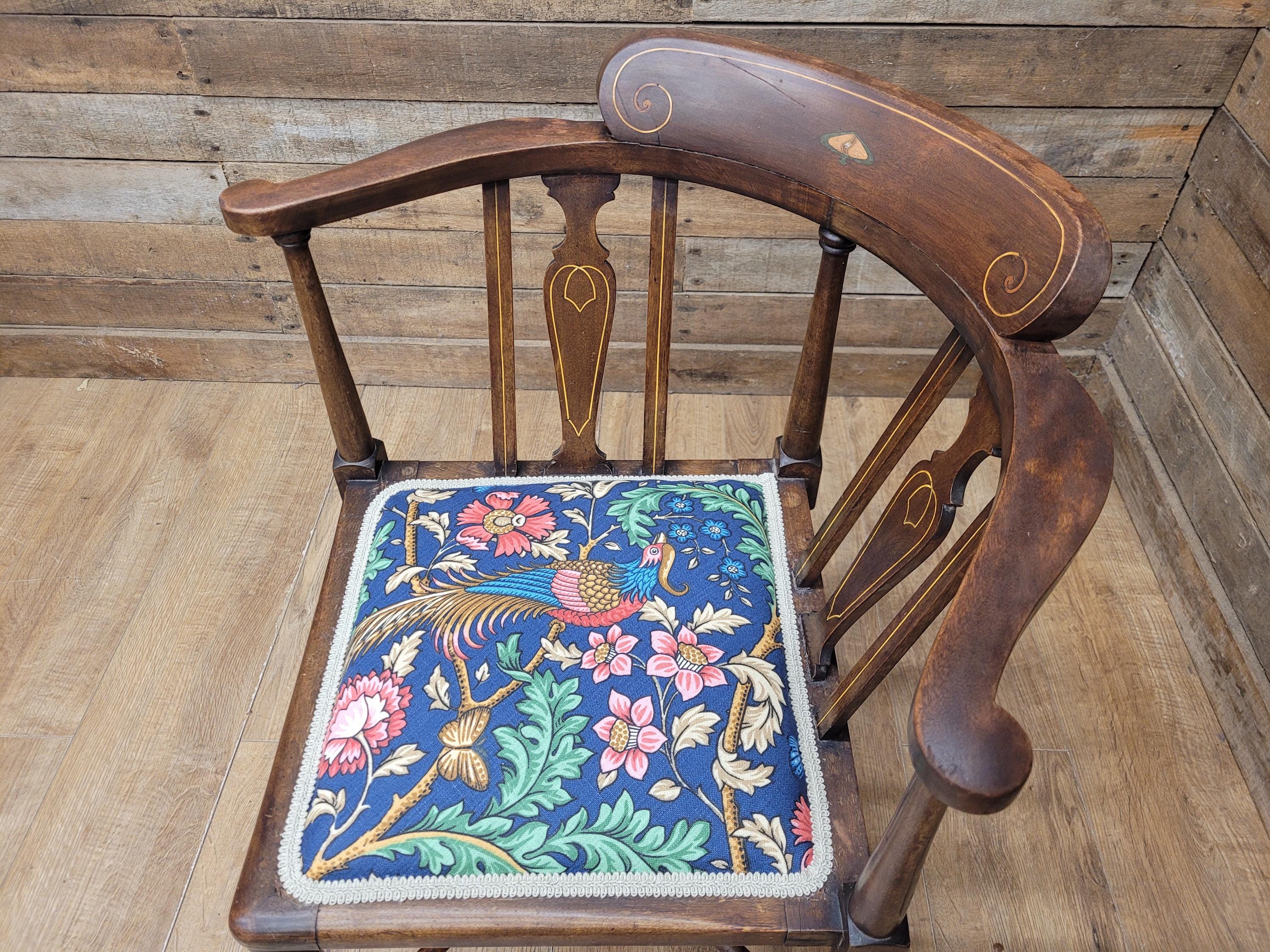 Edwardian Corner Chair Mahogany Inlaid Upholstered Morris Bird Fabric Antique
