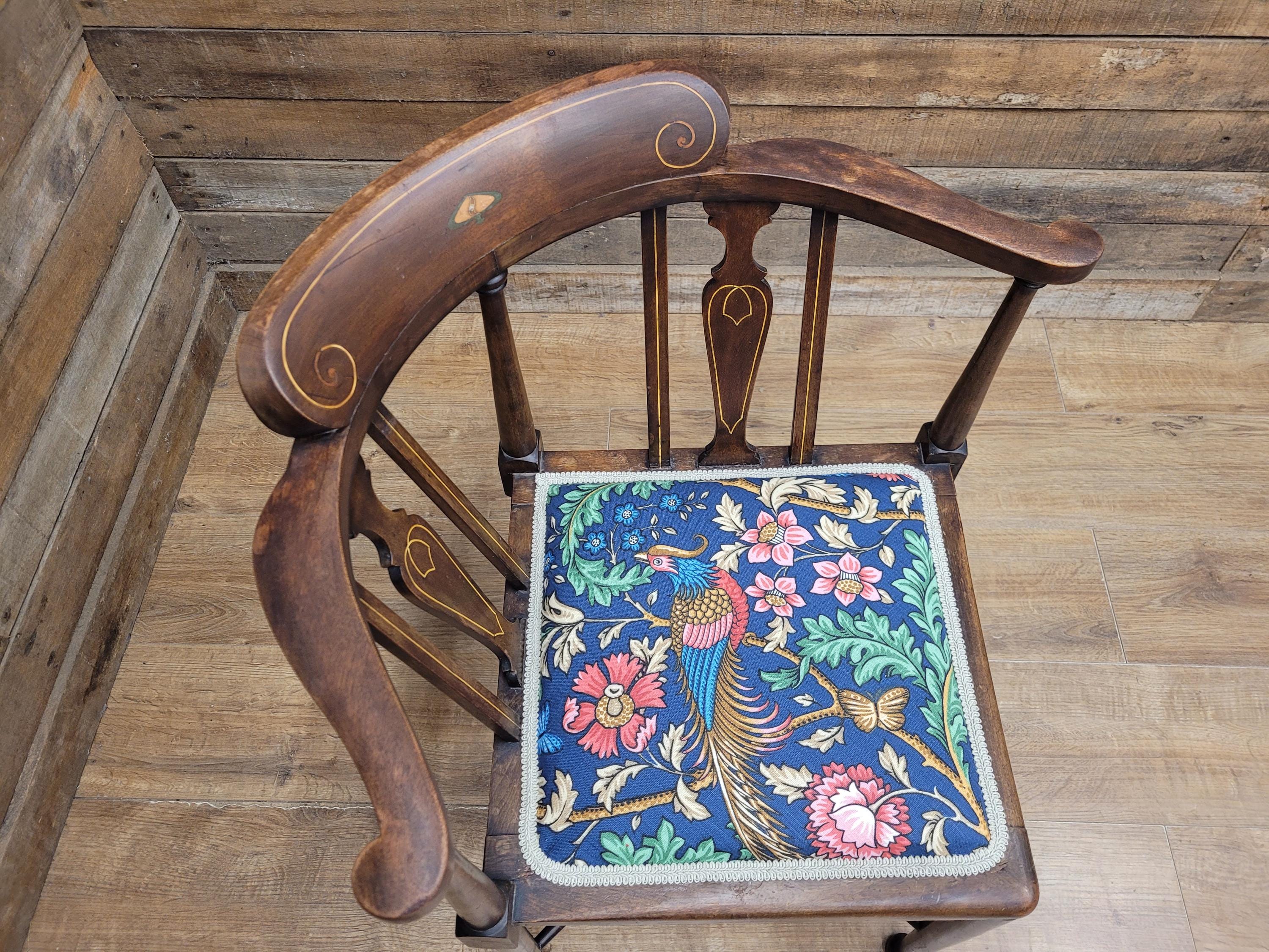 Edwardian Corner Chair Mahogany Inlaid Upholstered Morris Bird Fabric Antique