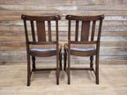 Pair Oak Arts & Craft Influenced Chairs Vintage Carved Back Padded Seats