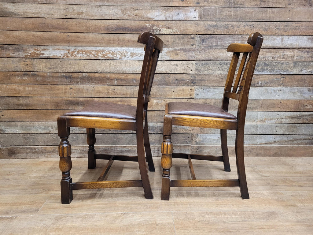 Pair Oak Arts & Craft Influenced Chairs Vintage Carved Back Padded Seats