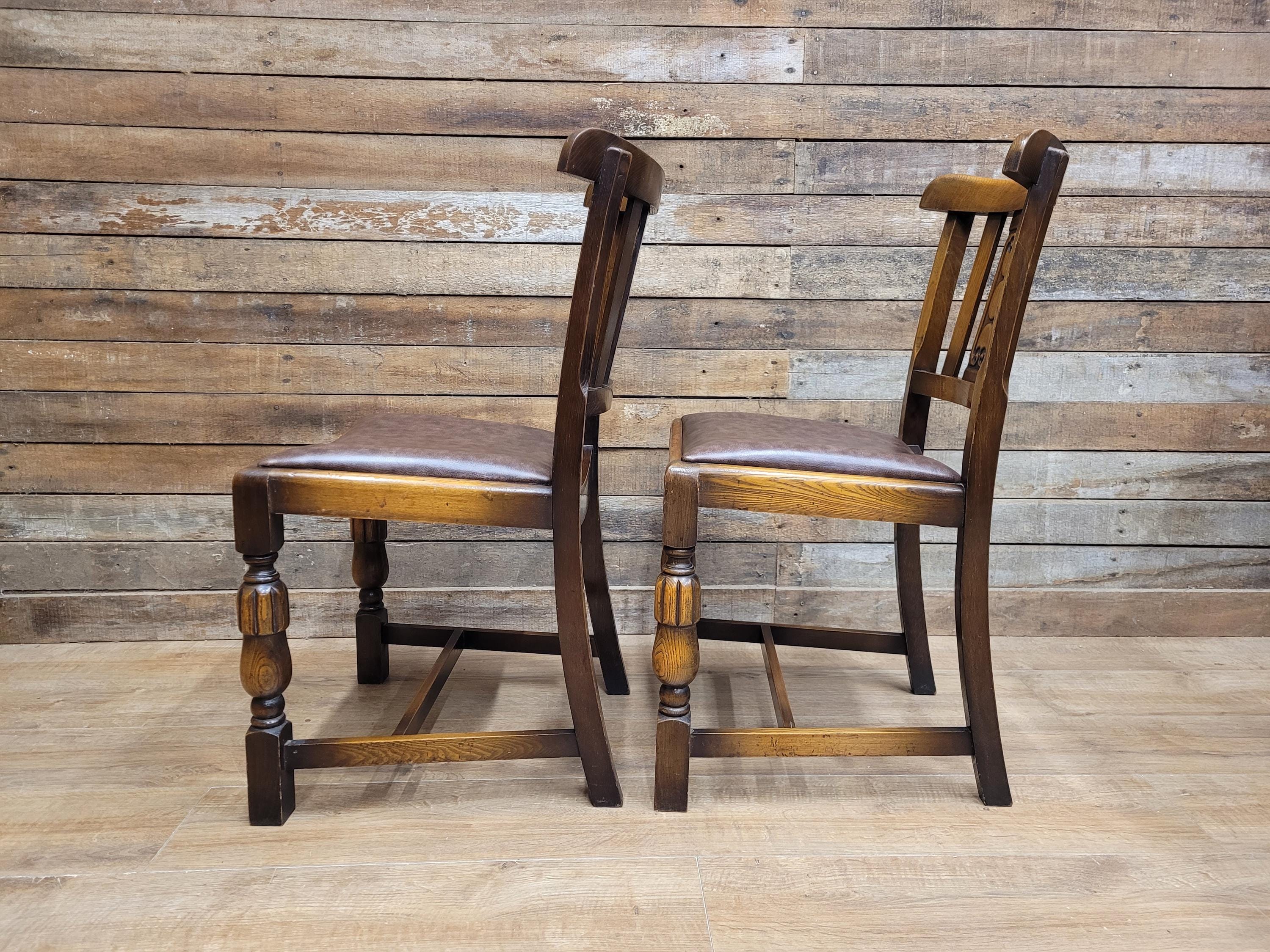 Pair Oak Arts & Craft Influenced Chairs Vintage Carved Back Padded Seats