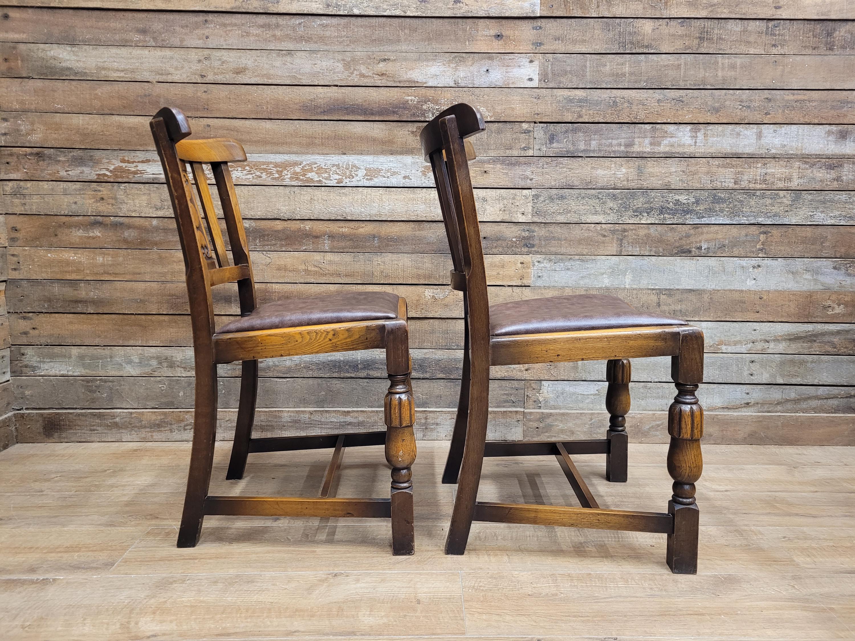Pair Oak Arts & Craft Influenced Chairs Vintage Carved Back Padded Seats
