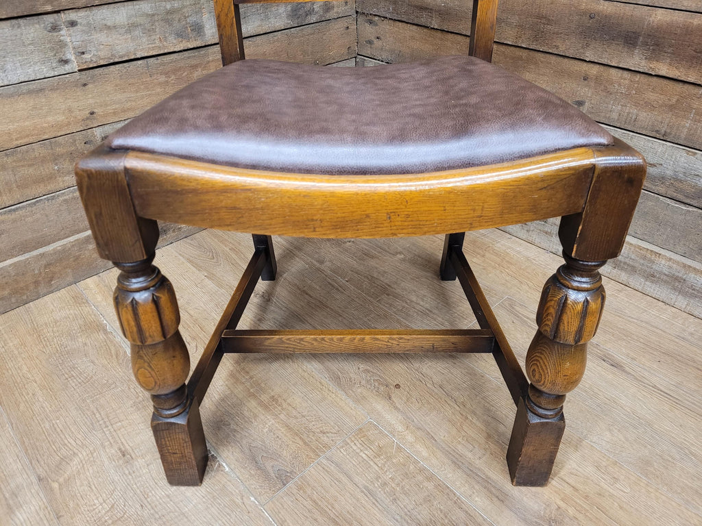 Pair Oak Arts & Craft Influenced Chairs Vintage Carved Back Padded Seats