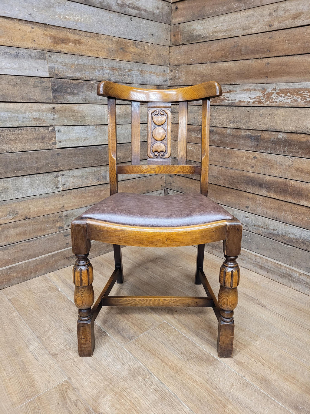 Pair Oak Arts & Craft Influenced Chairs Vintage Carved Back Padded Seats