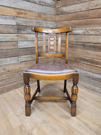 Pair Oak Arts & Craft Influenced Chairs Vintage Carved Back Padded Seats