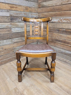 Pair Oak Arts & Craft Influenced Chairs Vintage Carved Back Padded Seats