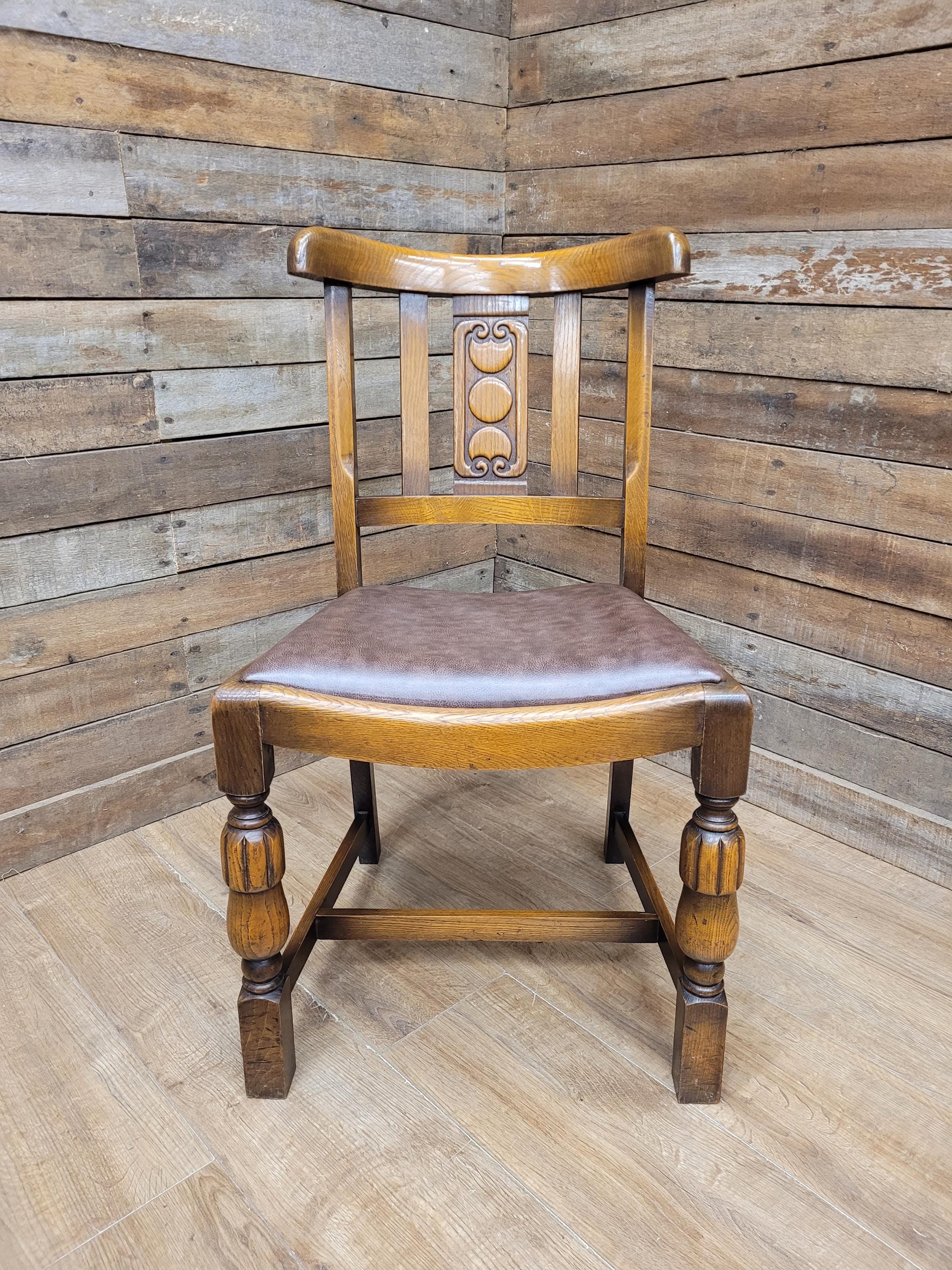 Pair Oak Arts & Craft Influenced Chairs Vintage Carved Back Padded Seats