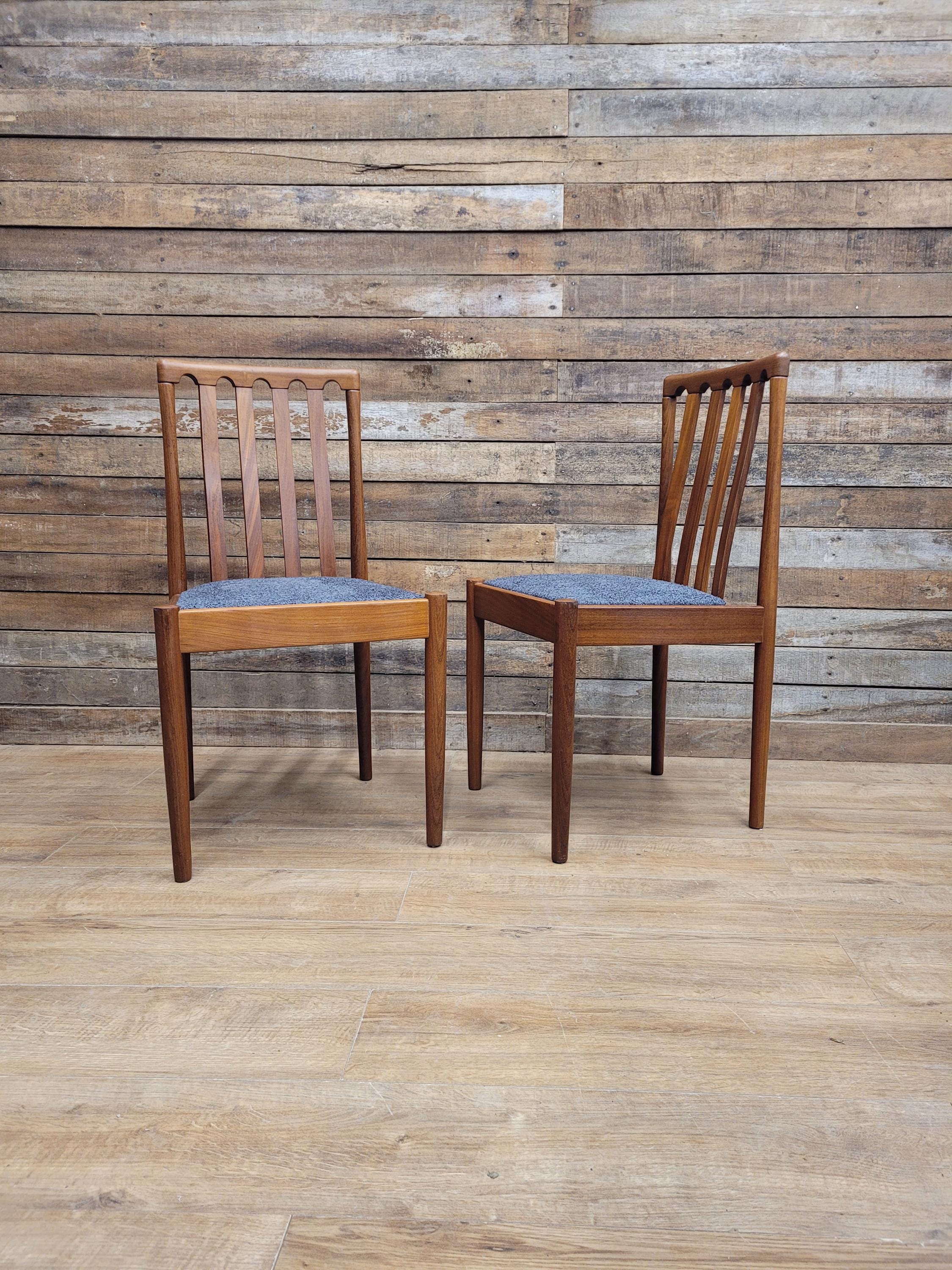 Pair Teak Meredew Chairs Boucle Upholstered Mid Century Slat Back Solid MCM