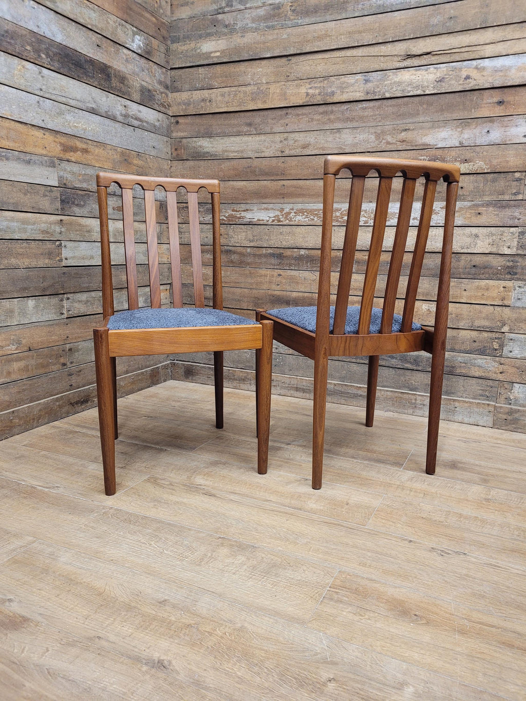 Pair Teak Meredew Chairs Boucle Upholstered Mid Century Slat Back Solid MCM