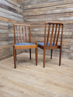 Pair Teak Meredew Chairs Boucle Upholstered Mid Century Slat Back Solid MCM