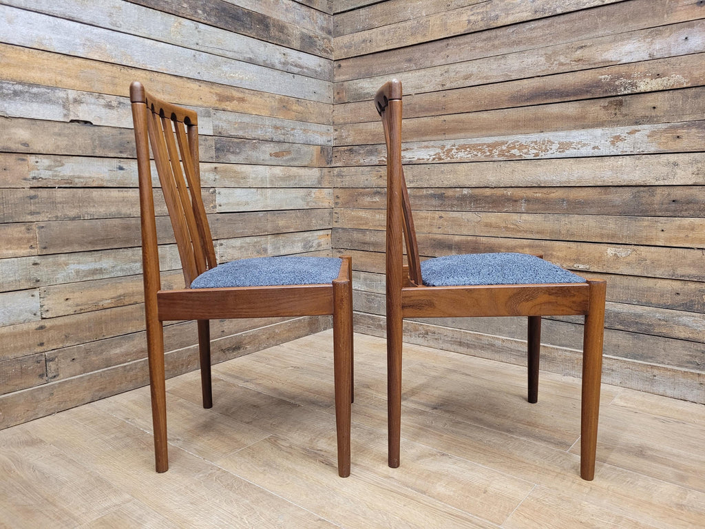 Pair Teak Meredew Chairs Boucle Upholstered Mid Century Slat Back Solid MCM