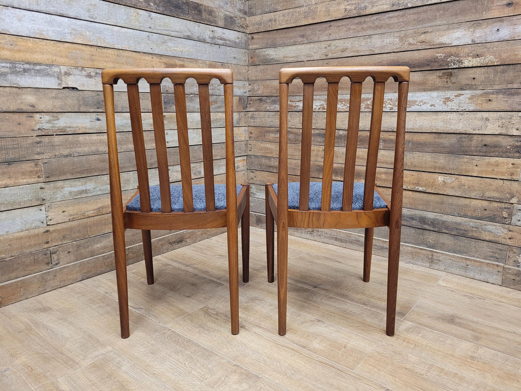 Pair Teak Meredew Chairs Boucle Upholstered Mid Century Slat Back Solid MCM