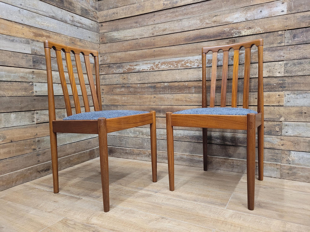 Pair Teak Meredew Chairs Boucle Upholstered Mid Century Slat Back Solid MCM