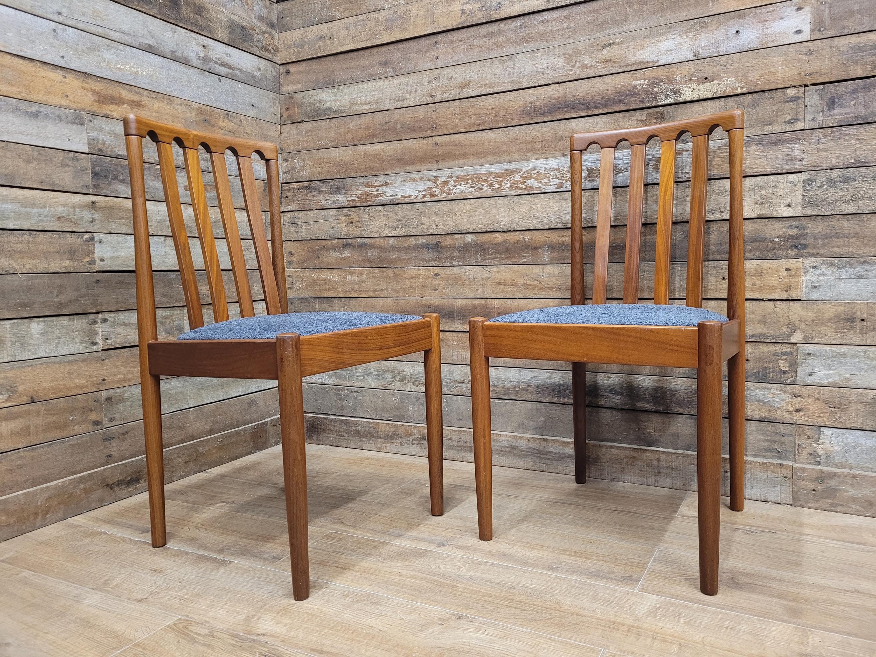 Pair Teak Meredew Chairs Boucle Upholstered Mid Century Slat Back Solid MCM