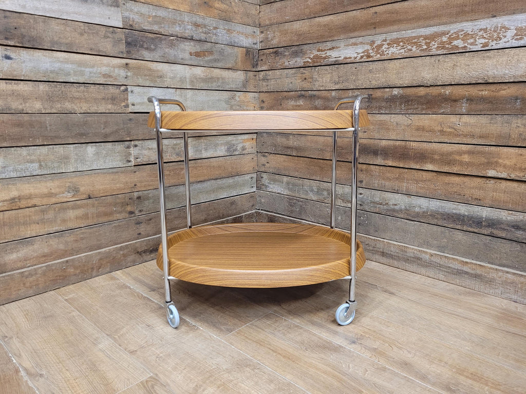 Teak Style Drinks Trolley Bar Cart Chrome Two Tier Serving Cart Vintage MCM