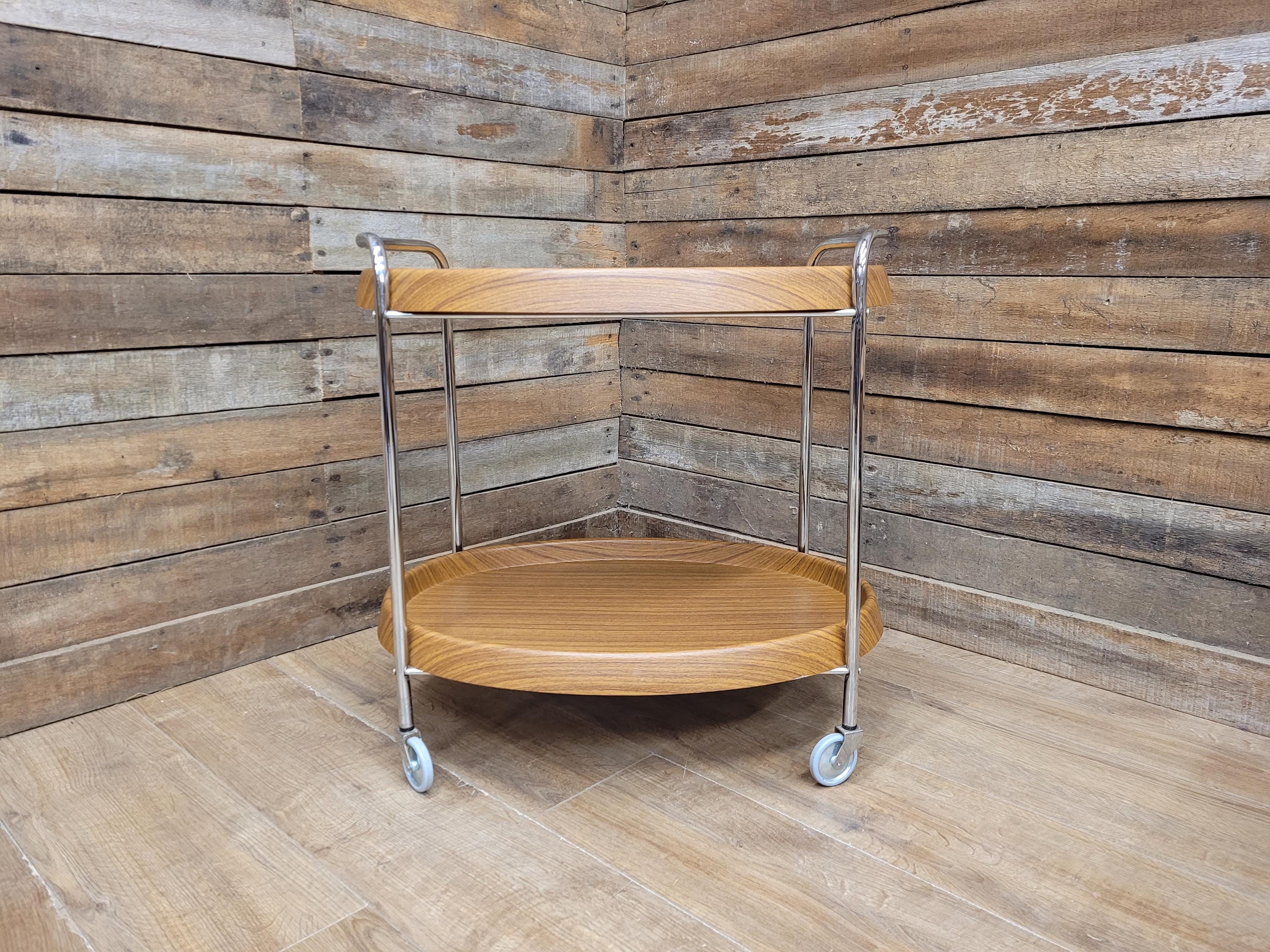 Teak Style Drinks Trolley Bar Cart Chrome Two Tier Serving Cart Vintage MCM