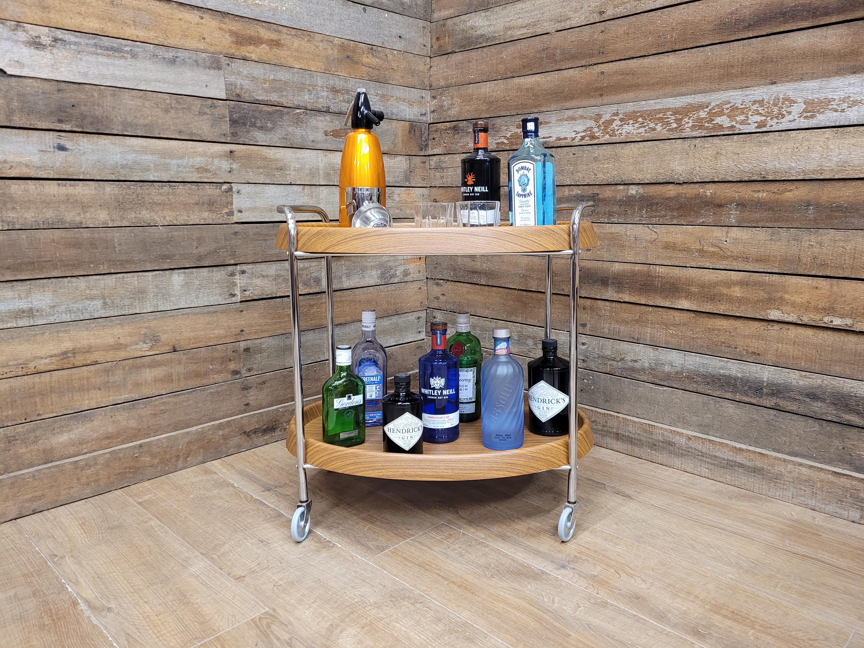 Teak Style Drinks Trolley Bar Cart Chrome Two Tier Serving Cart Vintage MCM