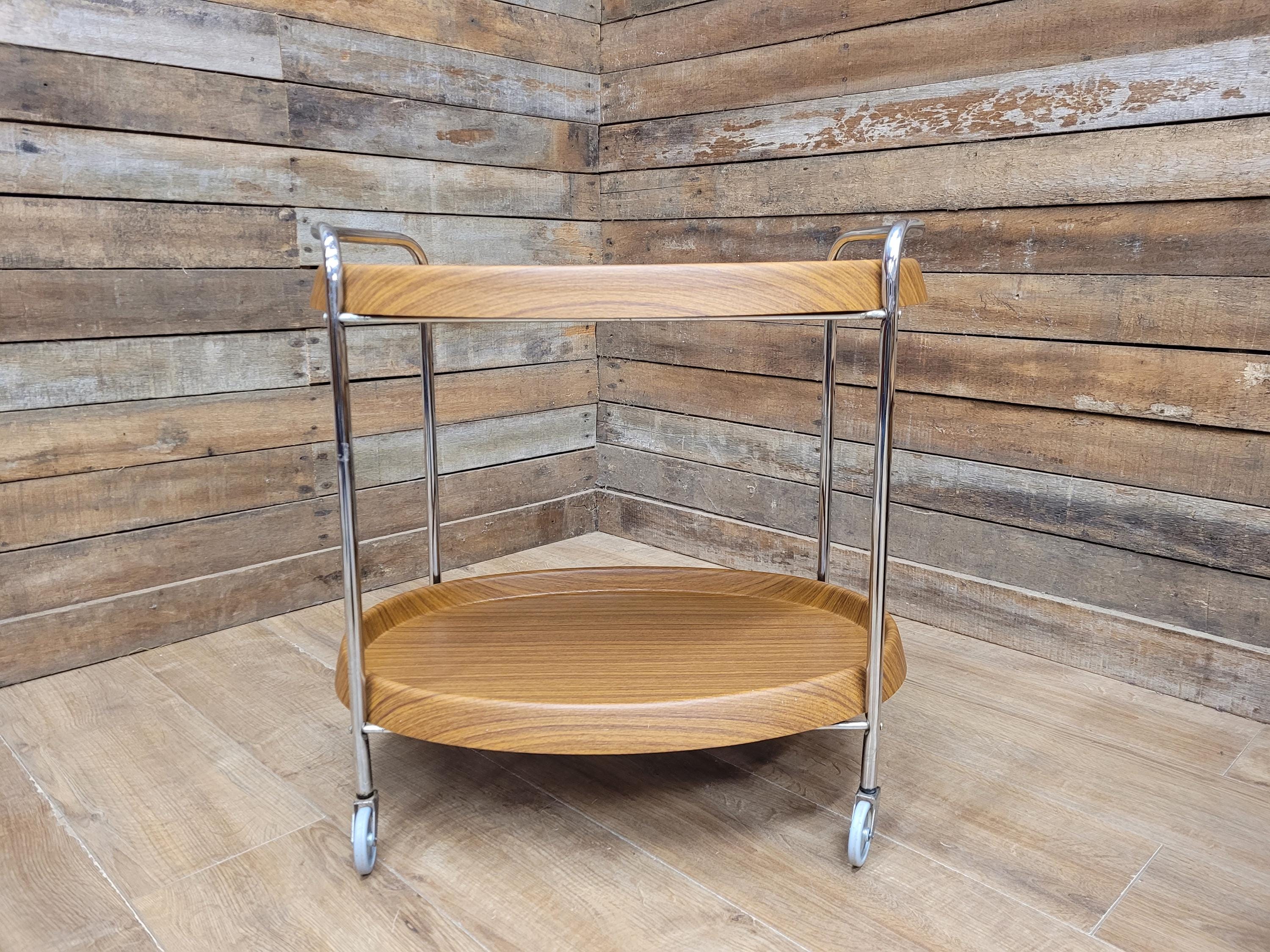 Teak Style Drinks Trolley Bar Cart Chrome Two Tier Serving Cart Vintage MCM