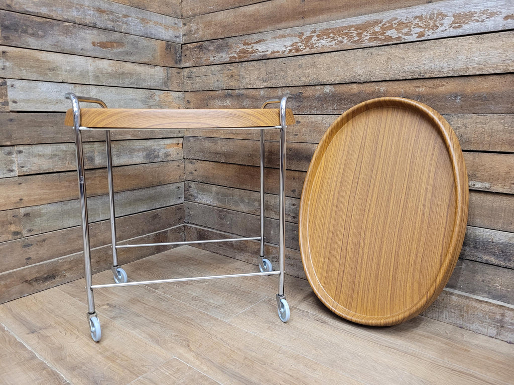 Teak Style Drinks Trolley Bar Cart Chrome Two Tier Serving Cart Vintage MCM