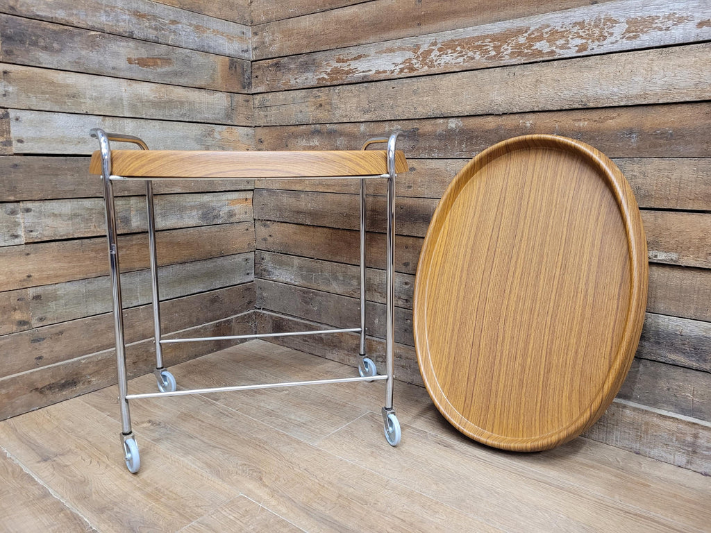Teak Style Drinks Trolley Bar Cart Chrome Two Tier Serving Cart Vintage MCM