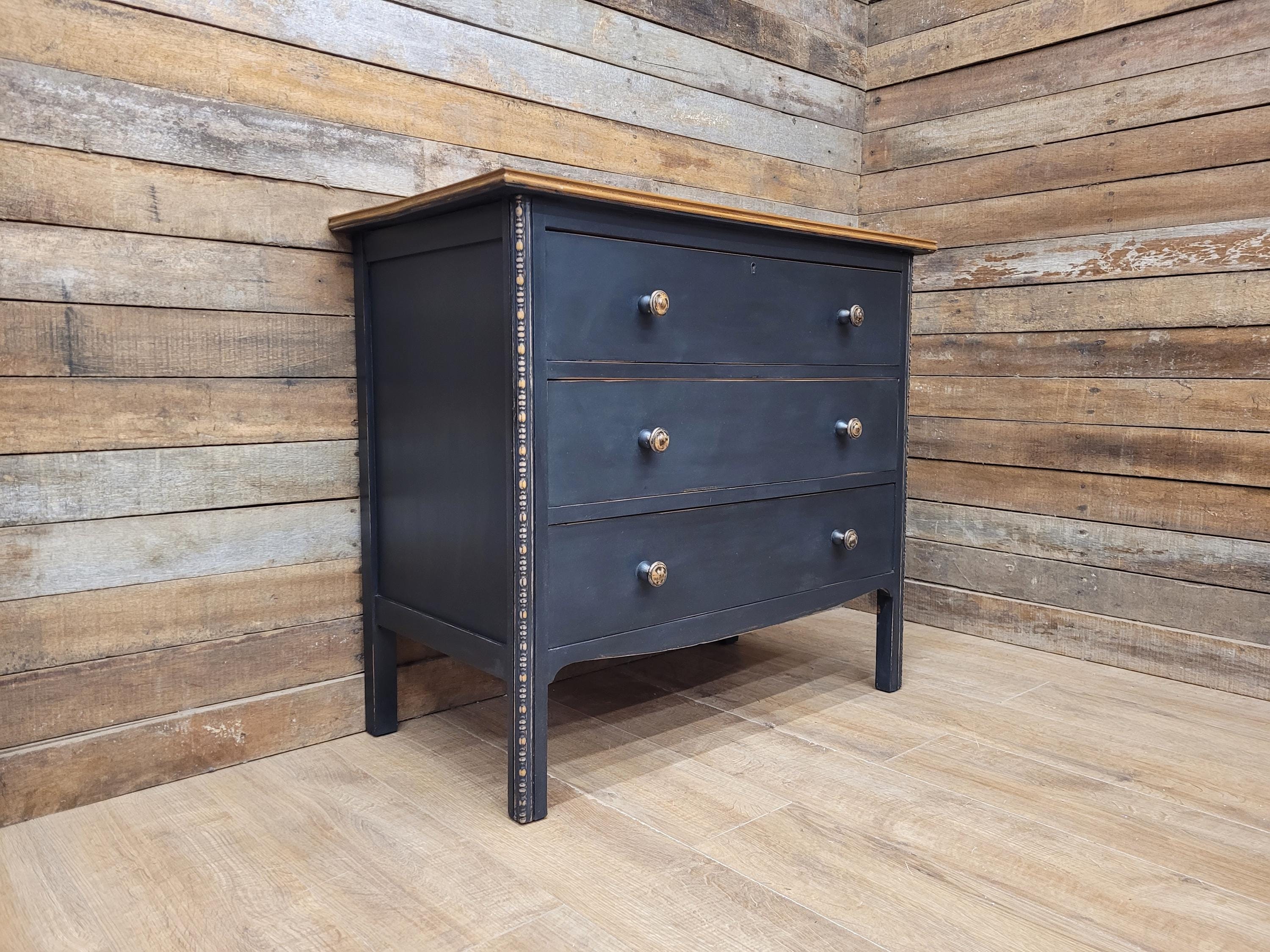 Distressed Three Drawer Chest Black Painted Wooden Chest Antique Style