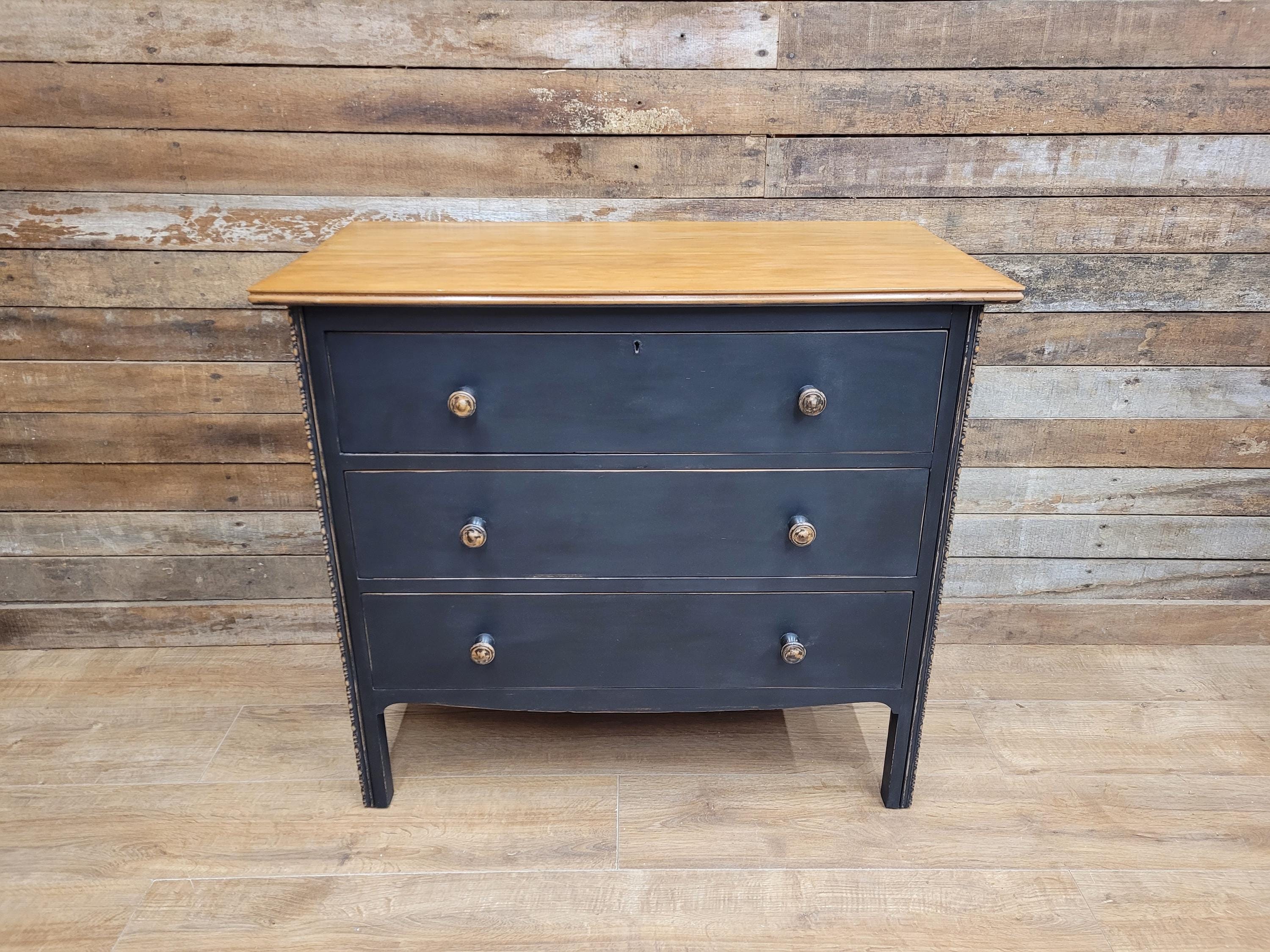 Distressed Three Drawer Chest Black Painted Wooden Chest Antique Style